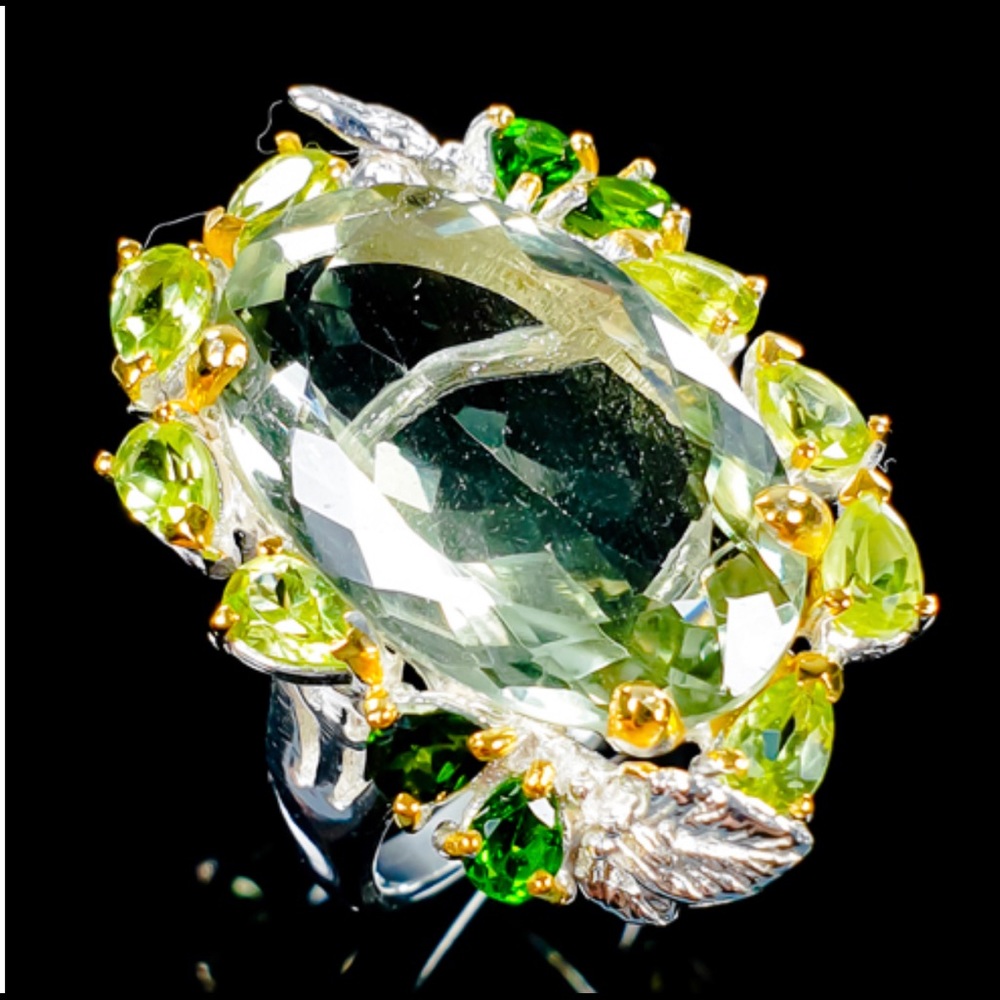 Glamorous Genuine Green Amethyst Ring with Gems